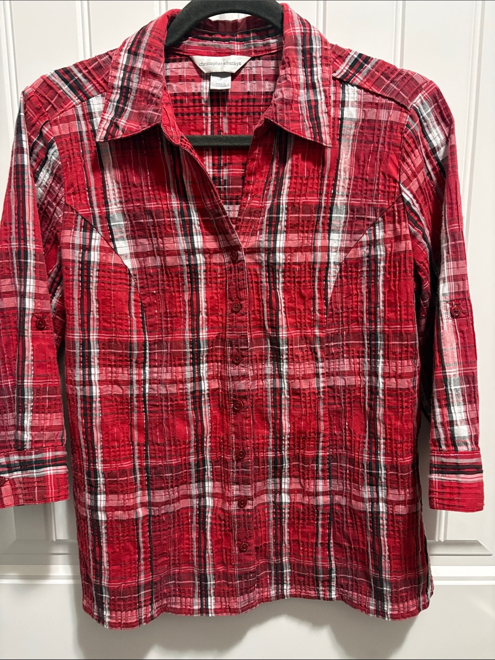 Christopher & Banks Red Plaid Roll Tab Sleeve Shirt Small